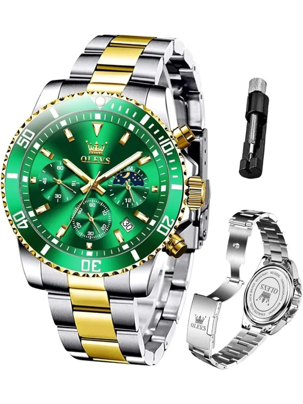 Mens Silver And Green Stainless Steel Chronograph Analog Waterproof Luxury Watch